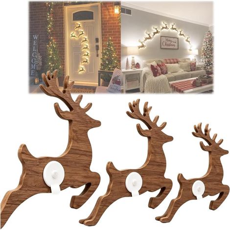 Neue 3D-beleuchtete Rentier-Weihnachtsdekoration aus Holz (12-teiliges Set) – Naturholzfarbe – 12,7 cm