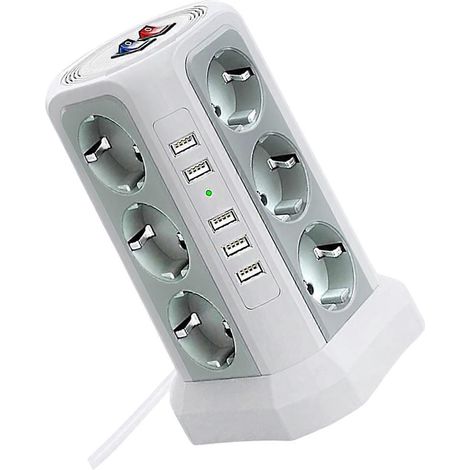 Multiprise verticale à 12 prises, conception à 3 niveaux, port USB, protection contre les surtensions, convient pour une utilisation à domicile, au bureau et sur un bureau, blanc/gris. (1/5)