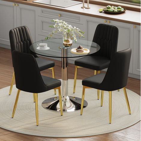 Esszimmergarnitur aus Glas, Metall und PU-Leder in Transparent/Schwarz/Gold/Silber, Tisch Ø85x76 cm mit 4 Stühlen (1/5)