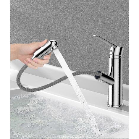 Robinet de salle de bain moderne, mitigeur en laiton avec douchette extractible, robinet de lavabo à poser, lave-mains eau chaude/froide inclus (1/5)