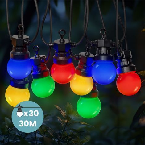 Guirlande lumineuse d'extérieur 30M multicolore – 30 bulbes LED rouge vert bleu jaune – Norme IP44 pour usage extérieur (1/5)