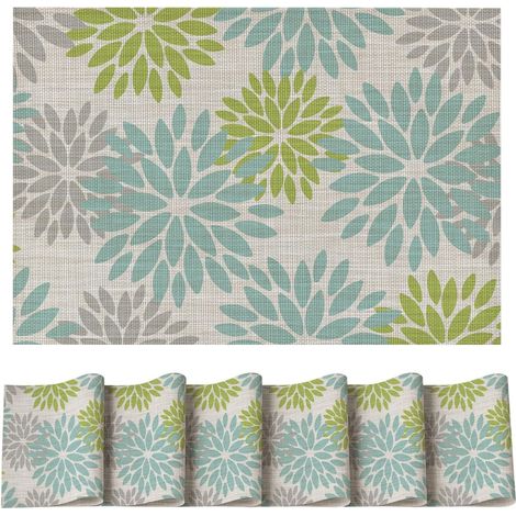 Lot de 6 sets de table PVC, motifs dahlias verts, 30x45cm, résistants aux taches et à la chaleur. (1/5)