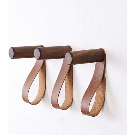 (Walnut Set of 3) Leather Wall Hooks, Wooden Wall-Mounted Coat Rack for Hanging Bags, Towels and Coats, Scandinavian Modern Design (1/4)