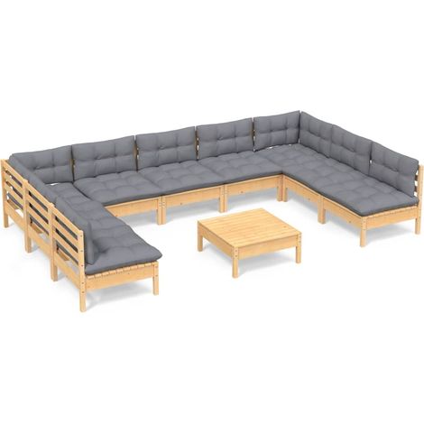 Juego de muebles de jardín 10 pzas y cojines madera maciza pino vidaXL (1/5)