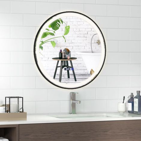 COSTWAY Specchio da Bagno a LED, Specchio a Parete con Luce a 3 Colori, Funzione di Memoria e Anti-appannamento, Lettura di Tempo e Temperatura, Specchio Rotondo 60 cm (1/5)