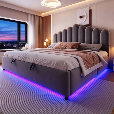 Polsterbett 180x200 cm aus grauem Samt mit LED und Stauraum, ohne Matratze – MEUBLIV (1/5)