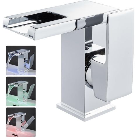 Robinet cascade LED en acier inoxydable - Fonctionnement à l'eau - RVB 3 couleurs changeantes - Mitigeur de lavabo avec capteur de température - Mitigeur monocommande chromé - Pas de batterie (1/5)