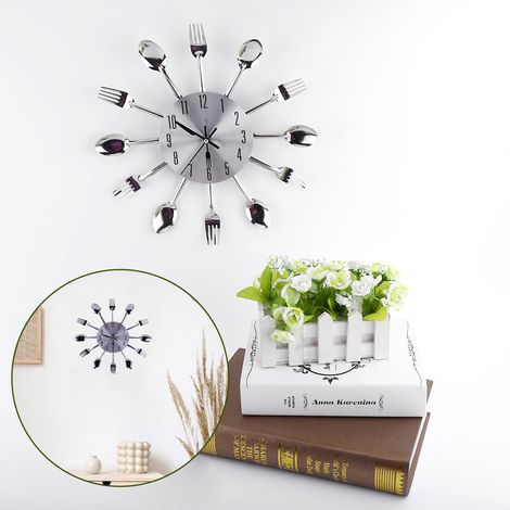 Horloge murale DIY avec grande surface miroir 3D argentée, motif couverts et fourchettes, à monter soi-même (1/5)
