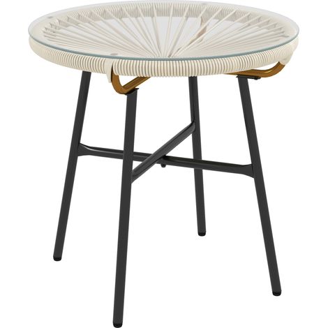 Table basse ronde jardin résine tressée rotin, structure métal, plateau verre trempé Ø 50 x 50 cm, couleur crème (1/5)