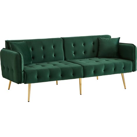 Canapé-lit 2 places en velours vert, convertible, dossier réglable 3 positions et accoudoirs 6 niveaux, pour petit salon ou chambre d'amis CHICFURN (1/5)