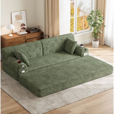 Divano letto a 3 posti 208x80x81 cm, schienale alto, 4 tasche laterali, 2 portabicchieri, corduroy verde (1/5)