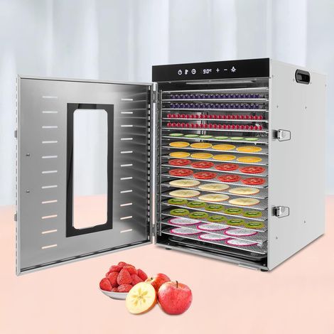 Essiccatore per alimenti in acciaio inox da 1500 W con ricettario, controllo della temperatura (35–90 °C) per l'essiccazione di frutta, verdura e carne, 16 vassoi, timer da 24 ore. (1/5)