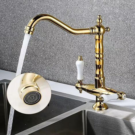 Wasserhahn Küche Gold, Küchenarmatur Zweigriffmischer, Spültischarmatur 360° Schwenkbar Warm - und Kaltwasser