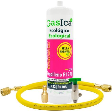 Botella Gas refrigerante GASICA C10  compatible con R32 R410A válvula incluida, manguera y adaptador