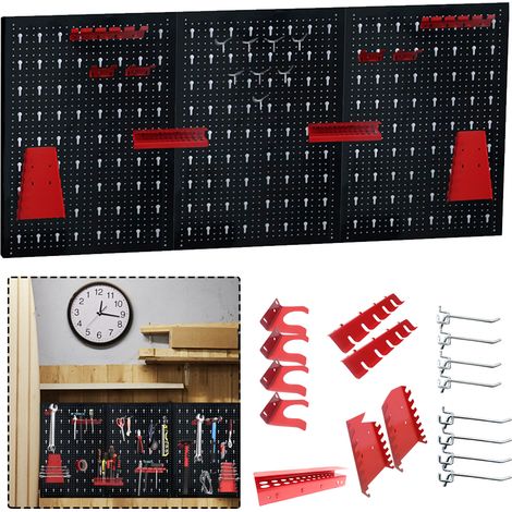 AUFUN Tool Panneau perforé mural Porte-outils en métal Panneaux à outils en trois parties avec ensemble 17 pièces 120 x 60 x 2 cm Noir et rouge (1/5)