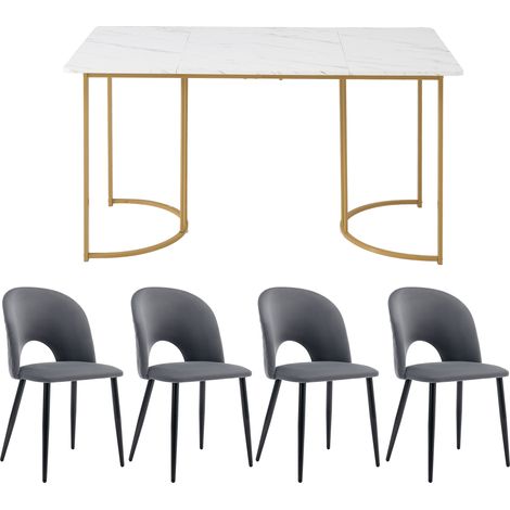 Ensemble de salle à manger, set avec table 140×80 cm et 4 chaises, ensemble de table de cuisine moderne, chaises de salle à manger en velours à motif diamant, pieds de chaise réglables, velours gris, (1/5)