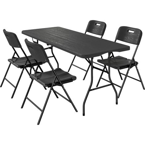 Set 5 Pezzi Tavolo e Sedie da Campeggio con Tavolino Pieghevole e 4 Sedie in HDPE e Metallo Nero (1/5)