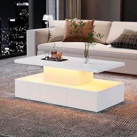 Tavolino da Caffè Rettangolare con 1 Cassetto e LED, Ripiano Aperto, Salotto, 100 × 50 × 39 cm, Truciolare, Bianco (1/5)