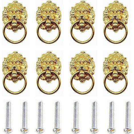 8 Pièces Tête Lion Armoire Poignées, Poignées Tiroir Lion Bronze Antique, Armoire Tiroir Tête Lion Anneaux, Avec Vis, Pour Poignées de Porte D\'armoire et Poignées de Tiroir (Doré) (1/5)