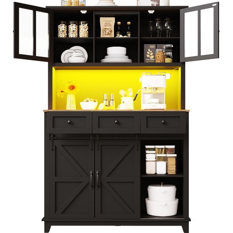 Küchenbuffet Vitrinenschrank mit 2 Schiebetüren, 3 Verstellbaren Einlegeböden und LED für Küche aus MDF Schwarz 105x38,4x180 cm (1/5)