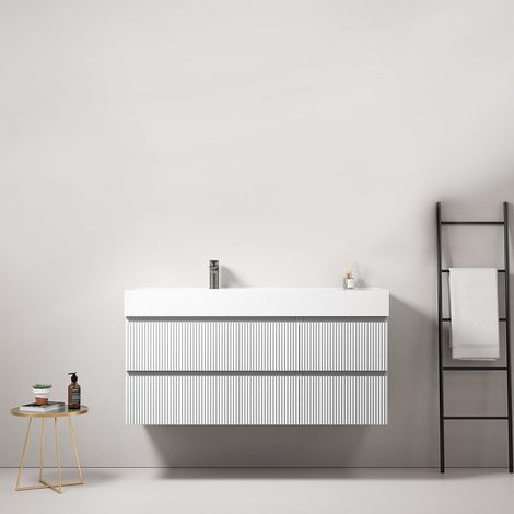 Mobile bagno sospeso cannettato 120 cm Bianco Lavabo a Sinistra in Resina Senza Specchio - Fiji Paint (1/3)