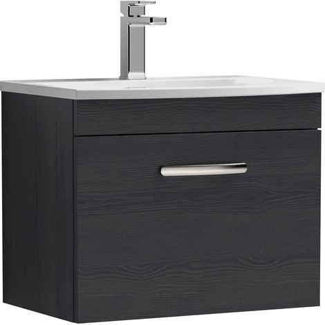 Nuie Athena Charcoal Black Woodgrain 600mm Wall Hung Single Drawer Vanity Unit and Curved Ceramic Basin - ATH040G (1/5)