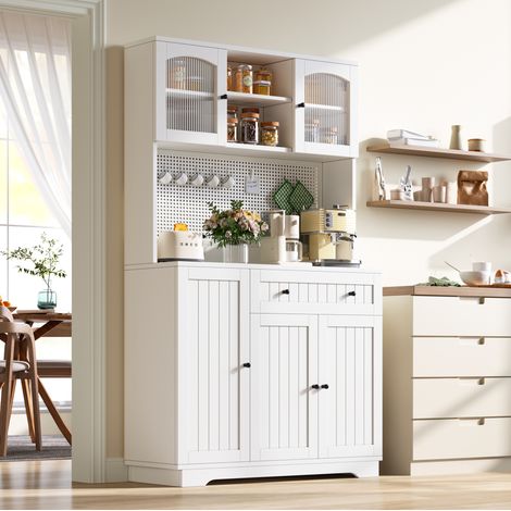 Armario vitrina de cocina alto blanco con estantes ajustables, cajón y panel perforado para vajilla y despensa organizada, 103,5 × 40 × 180 cm – CHICFURN (1/5)