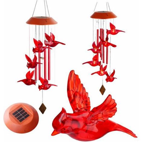 Lampe Suspendue Carillon Solaire - LED Automatique Crépusculaire - 6 Cardinaux Rouges En Verre - 95 Cm - IP44 (1/5)