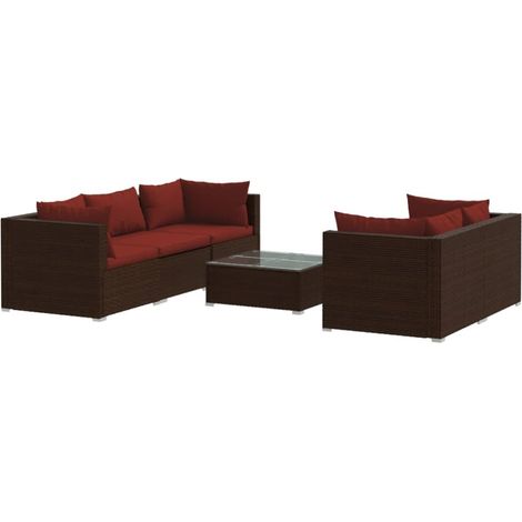 6 pcs Salon de jardin, Ensemble table et chaises de jardin, Meuble de jardin avec coussins Résine tressée Marron MKW843175 (1/5)