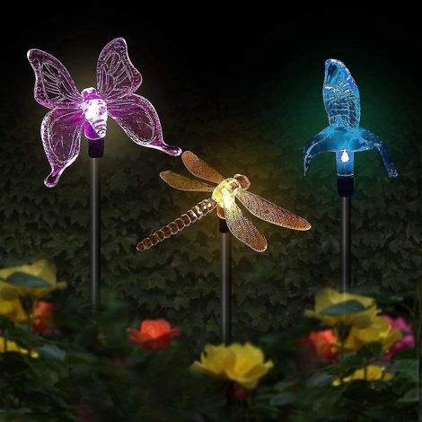 Set aus 3 mehrfarbigen LED-Solar-Lichterketten mit Schmetterlings-, Kolibri- und Libellenmotiven zur Partydekoration.