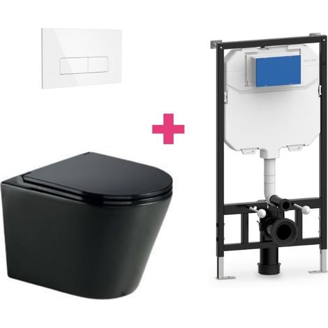 Hänge-WC TURIN Komplett-Set schwarz mit rechteckiger weißer Drückerplatte