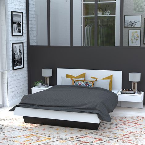 Le Quai Des Affaires – Lit COOL 140x190 cm avec 2 chevets suspendus – Structure en panneau de particules – 12 lattes multiplis – Finition blanche