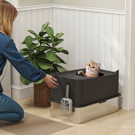 60 x 40 x 38 centimètres noir, Bac à litière pour chat en acier inoxydable 85 grande capacité maison de toilette semi-fermée