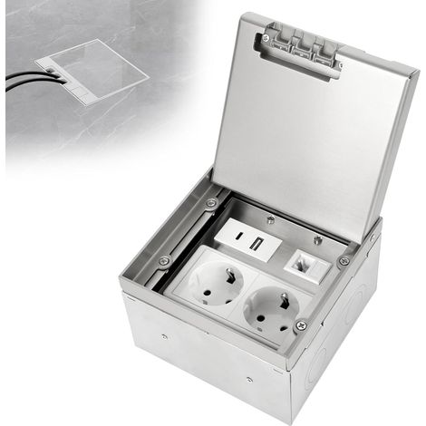 Prise de sol intérieure - Prise encastrable au sol en acier inoxydable - Prise escamotable avec 2 AC et USB - Prise encastrable étanche pour la maison, le bureau - Argenté (1/5)