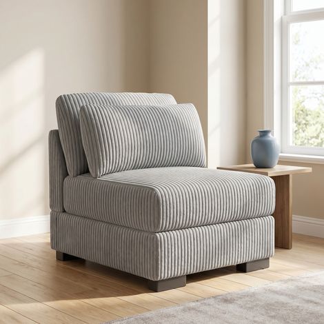 Divano lineare modulare 1 posto in velluto a coste beige, poltrona relax moderna con cuscino, 74 x 88 x 85 cm