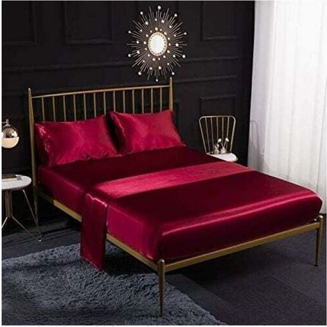 4-teiliges Bettwäscheset aus Seidensatin – Spannbettlaken 153 x 203 cm, Bettlaken 228 x 259 cm, Kissenbezüge 50 x 75 cm – Atmungsaktiv und weich – Rot (Kingsize) (1/5)