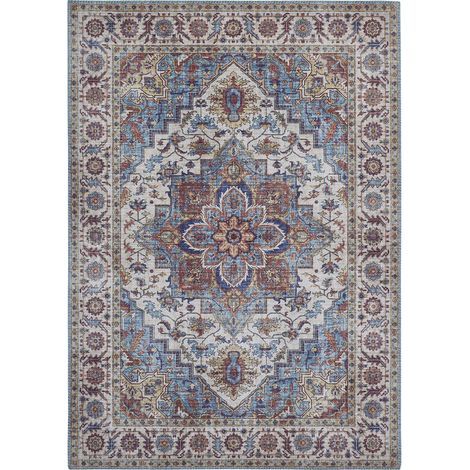 Tapis salon et chambre 160x230 bleu et blanc rectangle tissé motif oriental NIKEL