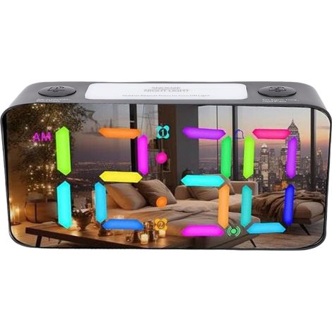 Réveil Miroir de 7 Pouces avec Shaker de Lit, Veilleuse RVB et Alarme Vibrante à 5 Volumes pour Dormeurs et Personnes âgées (Black) (1/5)