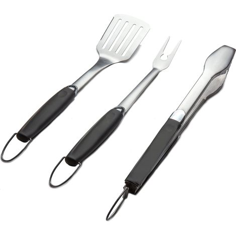 Ensemble de 3 ustensiles de barbecue en acier inoxydable – Comprenant pince, spatule et fourchette – Accessoires pour barbecues d'extérieur (Set de 3 pièces)