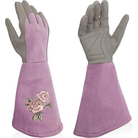 Gants de jardinage en cuir pour femme, manches longues, résistants aux coups de poignard, élégants gants de jardinage pour femme, broderie délicate, violet clair,M (1/5)