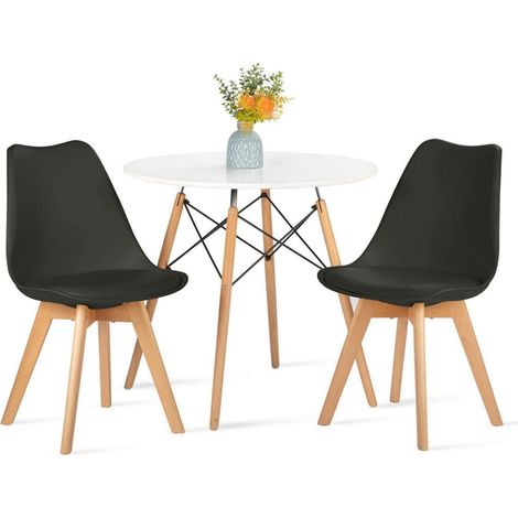 Runde Essgruppe mit 2 Stühlen, weißer Tisch und schwarze Stühle (1/5)