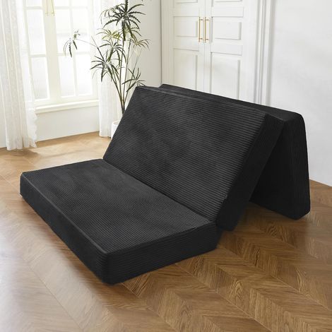 Corduroy Folding Mattress, 4 Inch Thick Tri-Fold Floor Mattress with Washable Cover, Three Folding Space-Saving Guest Mattress (Black, Single)