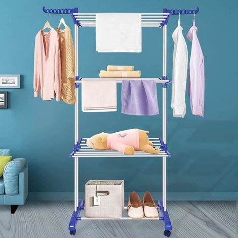 Etendoir à linge 4 niveaux - - Séchoir à linge extérieur et intérieur pliable ailes latérales - Etendoir tour - Gris et Bleu (1/4)