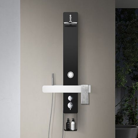 Distribain – Colonne de douche hydromassante 1 jet en verre trempé noir – Dôme de pluie relaxant – Dimensions 220 x 1500 mm – Robinetterie avec porte-serviette (1/3)