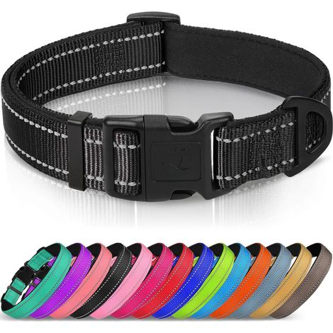 Shine Home Collier pour chien avec boucle de sécurité, collier réfléchissant réglable avec rembourrage en néoprène doux, collier de sécurité pour petits chiens, taille M, noir (1/5)