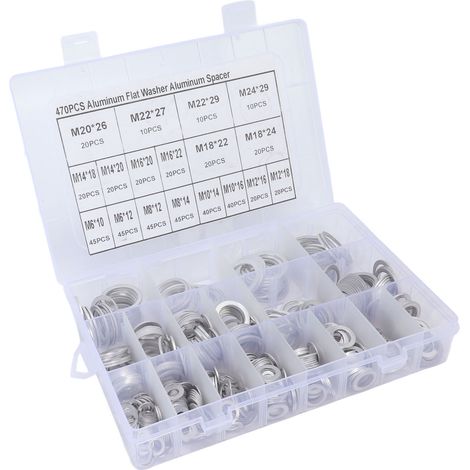 Rondelle plate en aluminium 470 pièces, kit assorti de joints plats ronds pour automobiles et robinets (1/5)