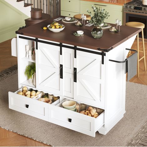 MEUBLIV Desserte de cuisine mobile blanche avec plateau rabattable, 3 tiroirs et rangement (1/5)