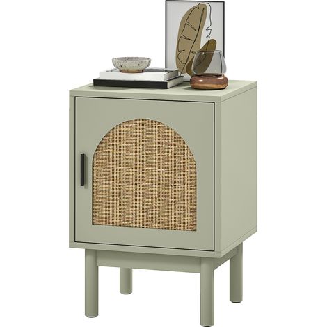 Table de chevet bohème vert clair 40x35x58 cm, porte rotin, étagère réglable, pieds bois