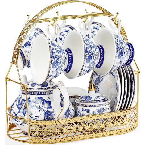 Fleur Bleue Service à Thé en Porcelaine avec Support en Métal, Tasse et Soucoupe à Café Vintage en Porcelaine, Service à Café Anglais pour Adultes (1/5)