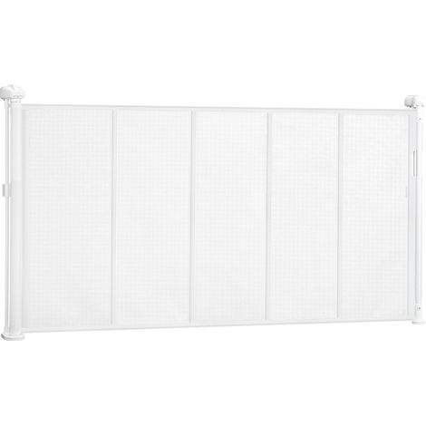 Mophorn Puerta retráctil de 140 cm de ancho y 87 cm de alto, barrera de seguridad extensible con panel de malla transpirable, ideal para escaleras, salas de juegos. Fácil instalación, blanco.